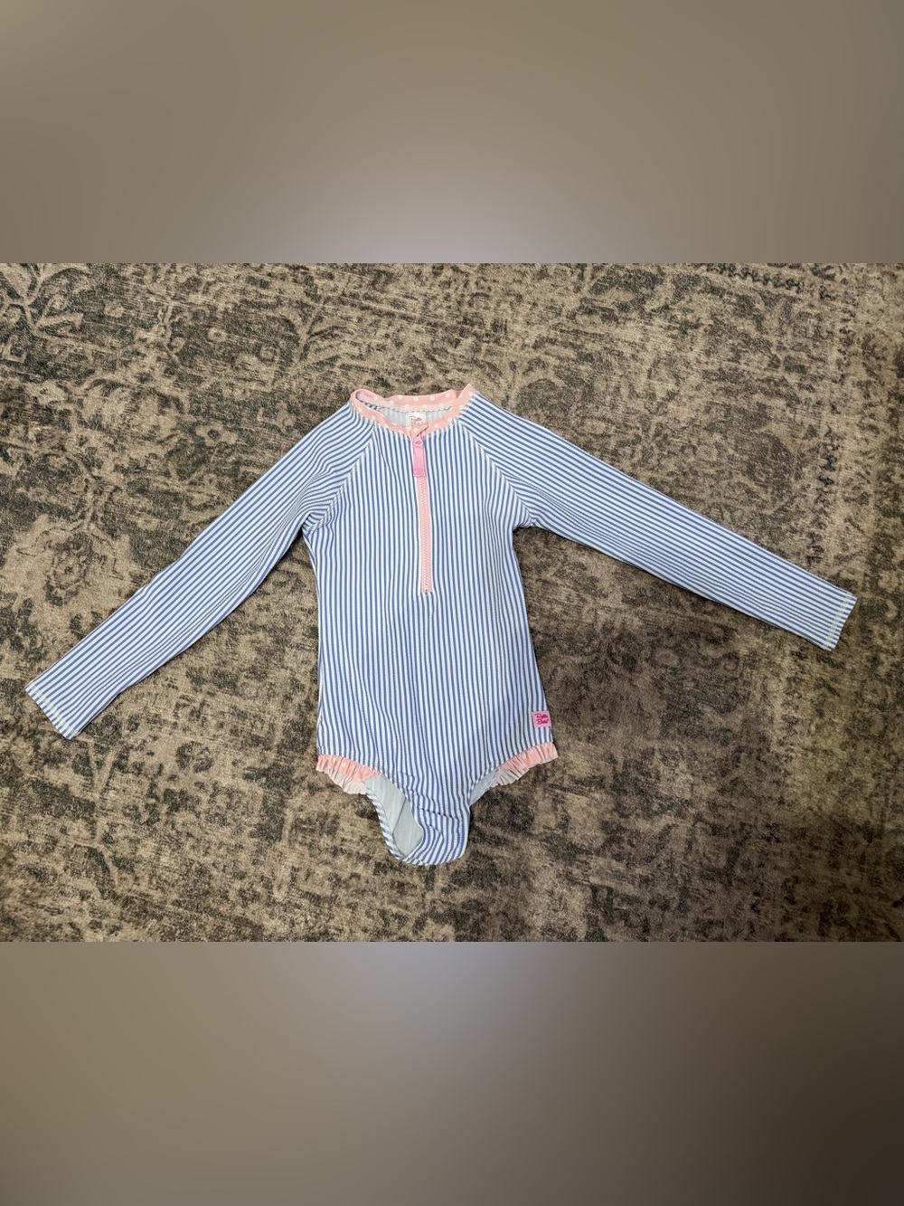 Ruffle Butts Blue & Pink Stripe Long-Sleeve Rashguard One-Piece